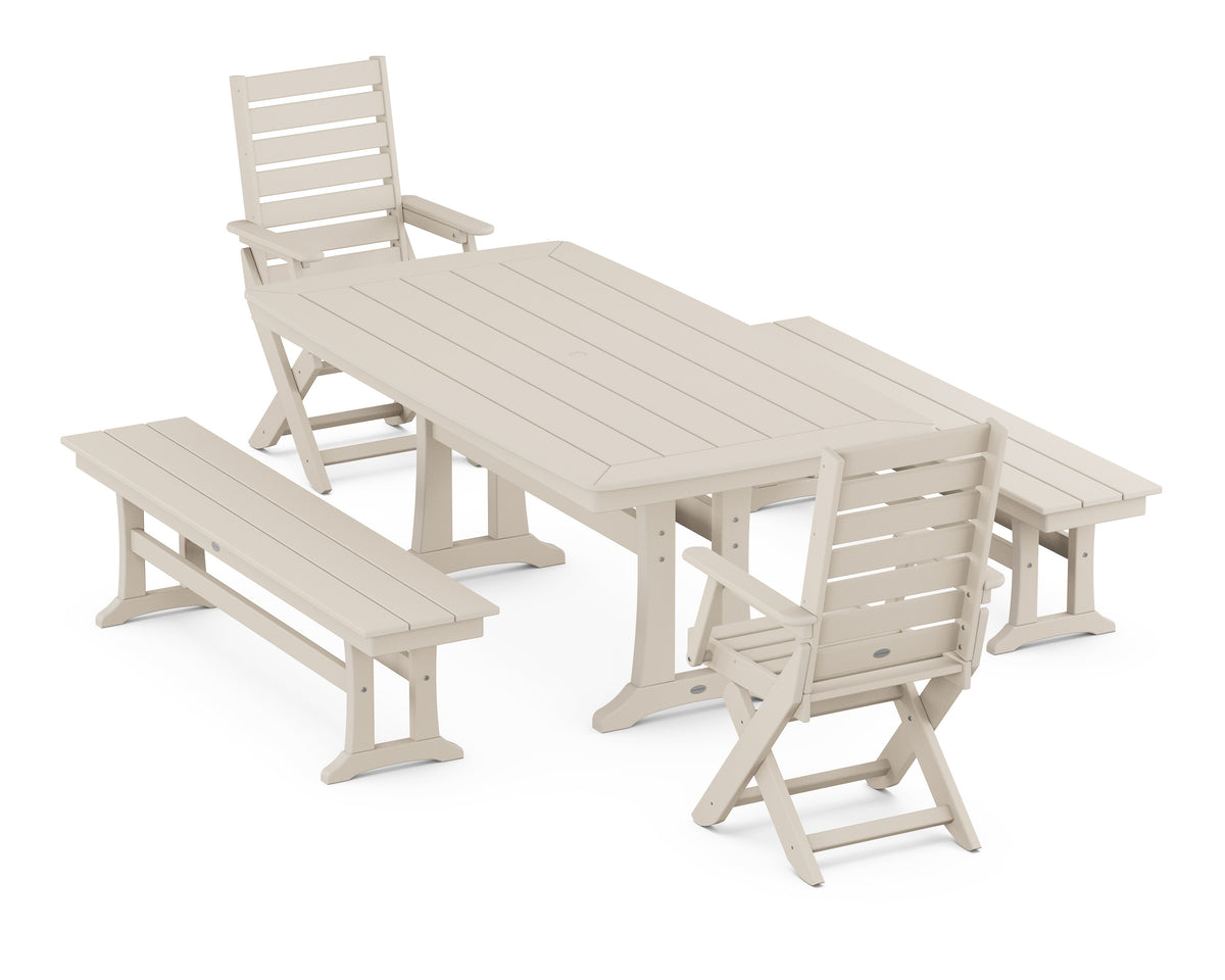 POLYWOOD Captain Folding Chair 5-Piece Dining Set with Trestle Legs - 38" x 73" Table in Sand