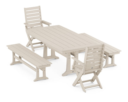 POLYWOOD Captain Folding Chair 5-Piece Dining Set with Trestle Legs - 38" x 73" Table in Sand