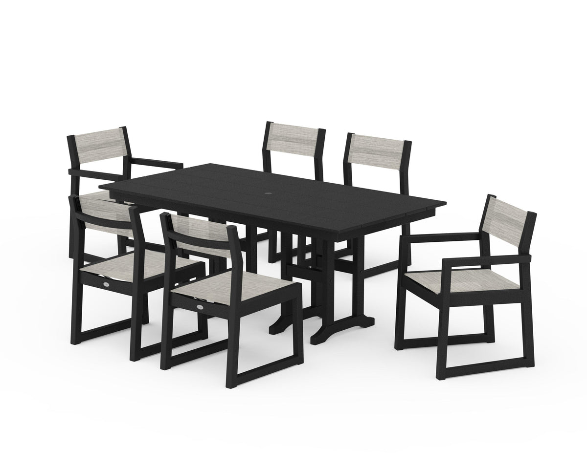 POLYWOOD EDGE Sling 7-Piece Farmhouse Dining Set in Black / Birch