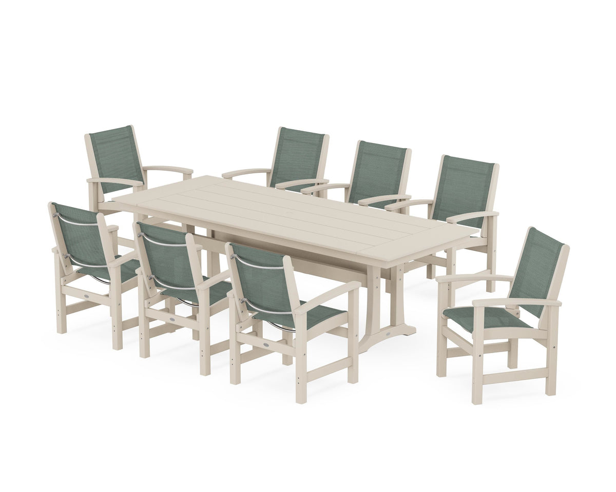 POLYWOOD Coastal 9-Piece Farmhouse Dining Set with Trestle Legs in Sand / Dupioni Sea Mist