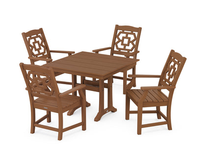 POLYWOOD Chinoiserie 5-Piece Farmhouse Dining Set with Trestle Legs in Teak