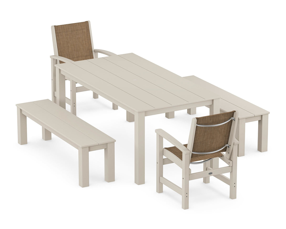POLYWOOD Coastal 5-Piece Parsons Dining Set with Benches in Sand / Burlap