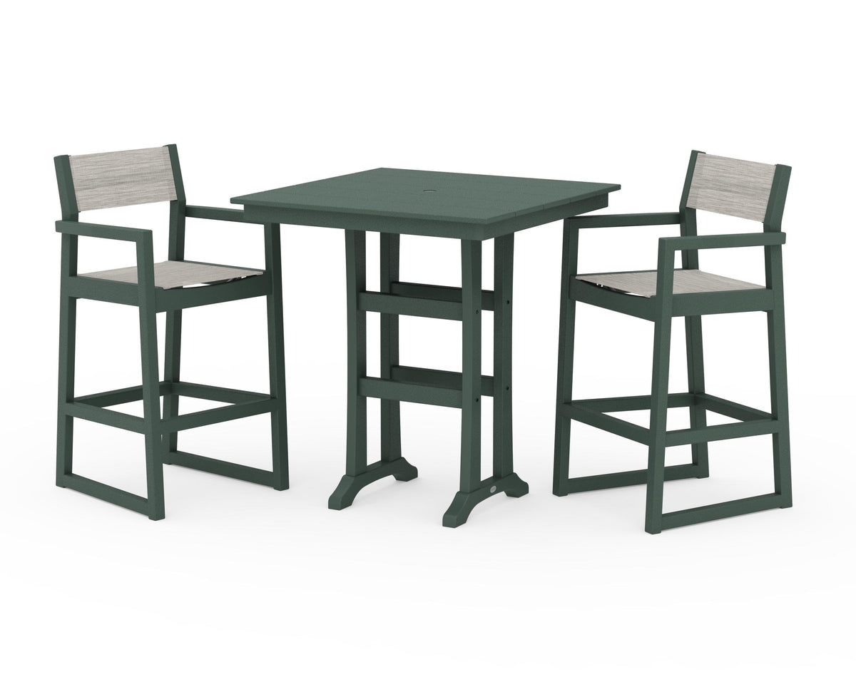 POLYWOOD EDGE Sling Arm Chair 3-Piece Farmhouse Bar Set with Trestle Legs in Green / Birch