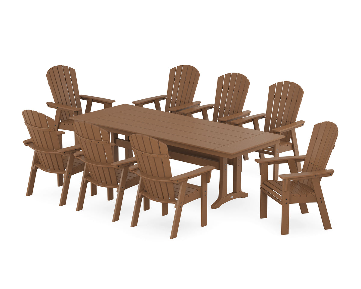 POLYWOOD Nautical 9-Piece Curveback Adirondack Farmhouse Dining Set with Trestle Legs in Teak