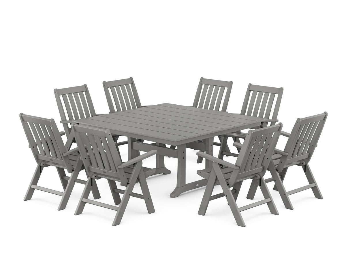 POLYWOOD Vineyard Folding Chair 9-Piece Square Farmhouse Dining Set with Trestle Legs in Slate Grey