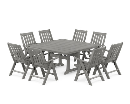 POLYWOOD Vineyard Folding Chair 9-Piece Square Farmhouse Dining Set with Trestle Legs in Slate Grey