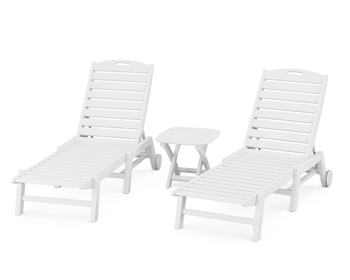 POLYWOOD Nautical 3-Piece Wheeled Chaise Set with Nautical Side Table in White
