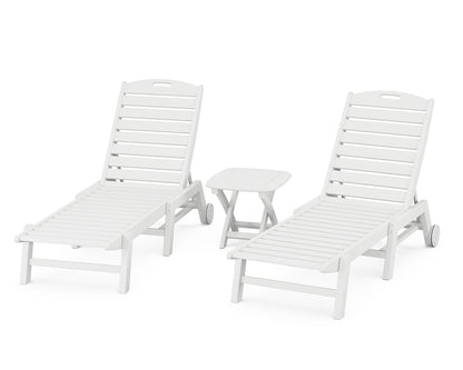 POLYWOOD Nautical 3-Piece Wheeled Chaise Set with Nautical Side Table in White
