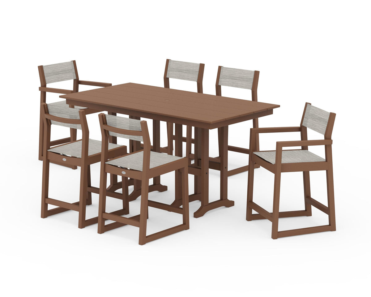 POLYWOOD EDGE Sling 7-Piece Farmhouse Counter Set with Trestle Legs in Teak / Birch