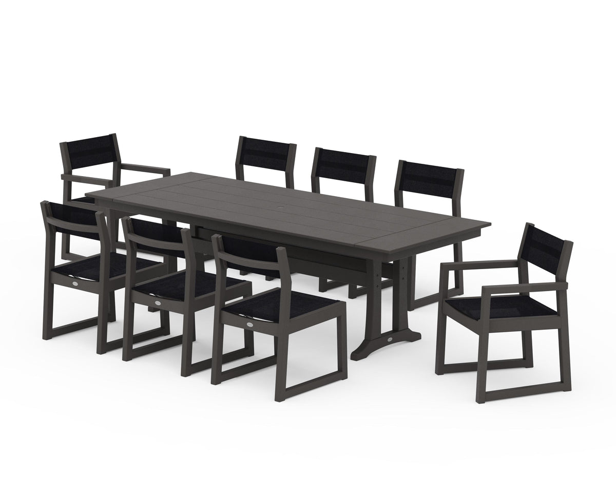 POLYWOOD EDGE Sling 9-Piece Farmhouse Trestle Dining Set in Vintage Coffee / Black