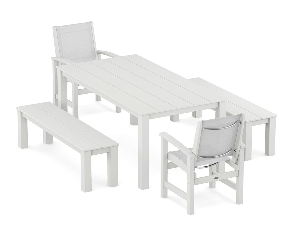 POLYWOOD Coastal 5-Piece Parsons Dining Set with Benches in White / White