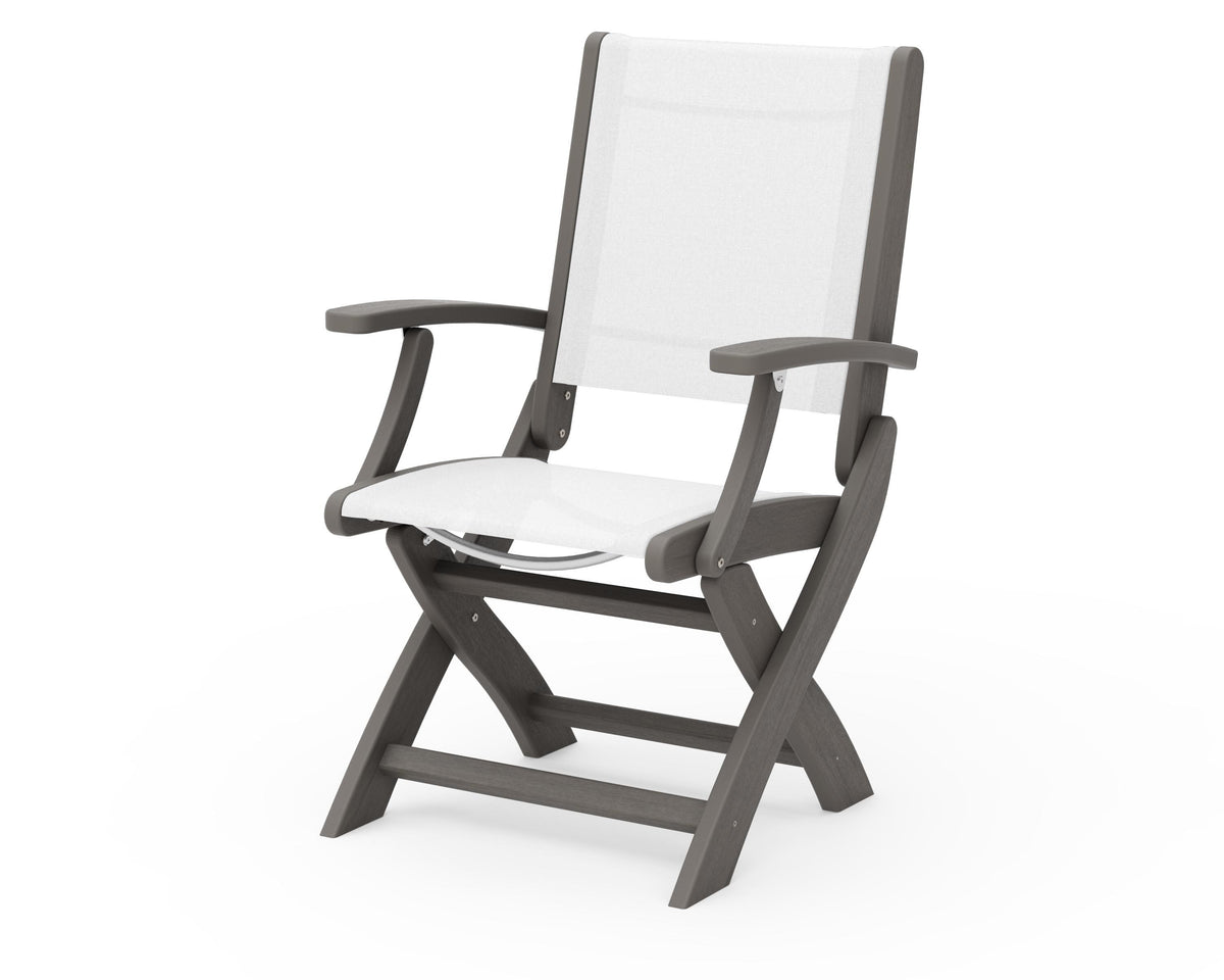 POLYWOOD Coastal Folding Chair in Driftwood with Driftwood arms and White sling