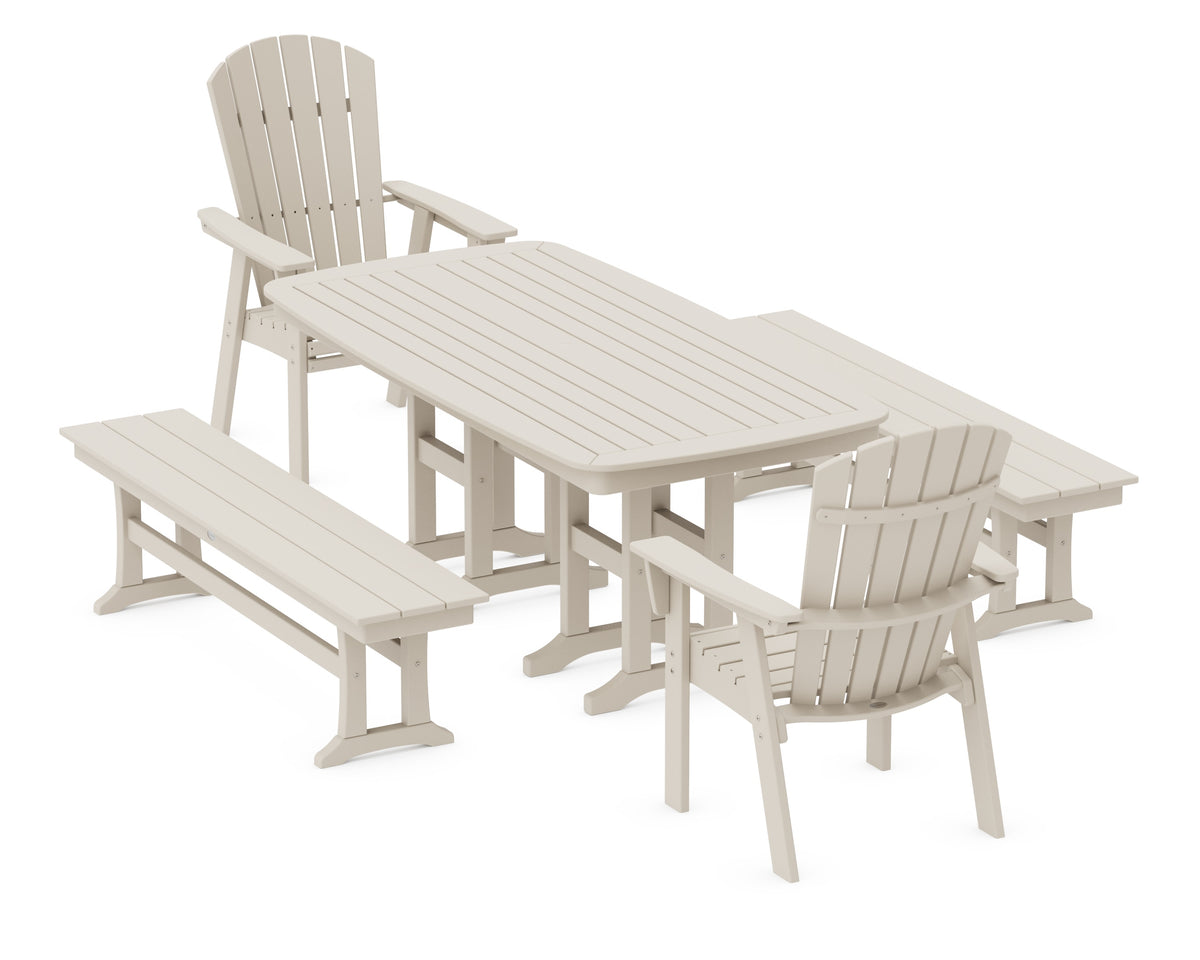 POLYWOOD Nautical Curveback Adirondack 5-Piece Dining Set with Benches - 37" x 72" Table in Sand