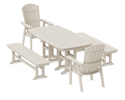 POLYWOOD Nautical Curveback Adirondack 5-Piece Dining Set with Benches - 37" x 72" Table in Sand
