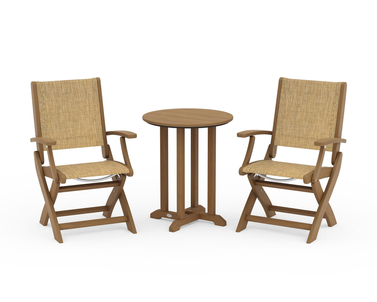 POLYWOOD Coastal Folding 3-Piece Round Bistro Dining Set in Natural / Burlap