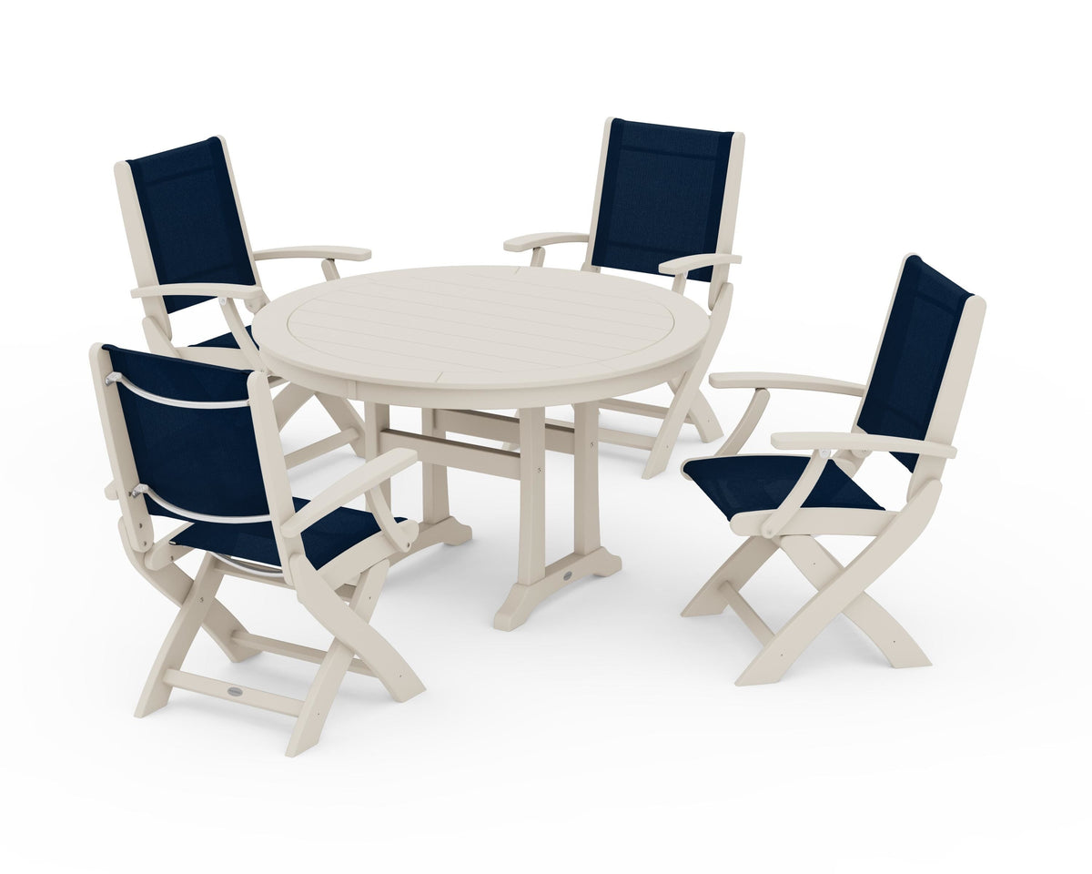POLYWOOD Coastal Folding Chair 5-Piece Round Dining Set with Trestle Legs in Sand / Navy Blue