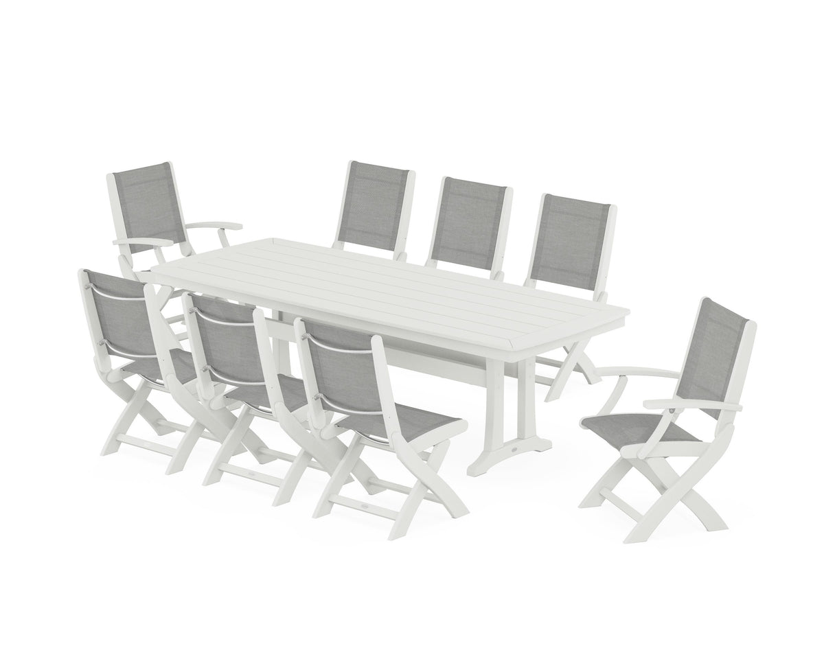 POLYWOOD Coastal Folding 9-Piece Dining Set with Trestle Legs in Vintage White / Metallic