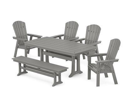 POLYWOOD Nautical Curveback Adirondack 6-Piece Dining Set with Trestle Legs and Bench in Slate Grey