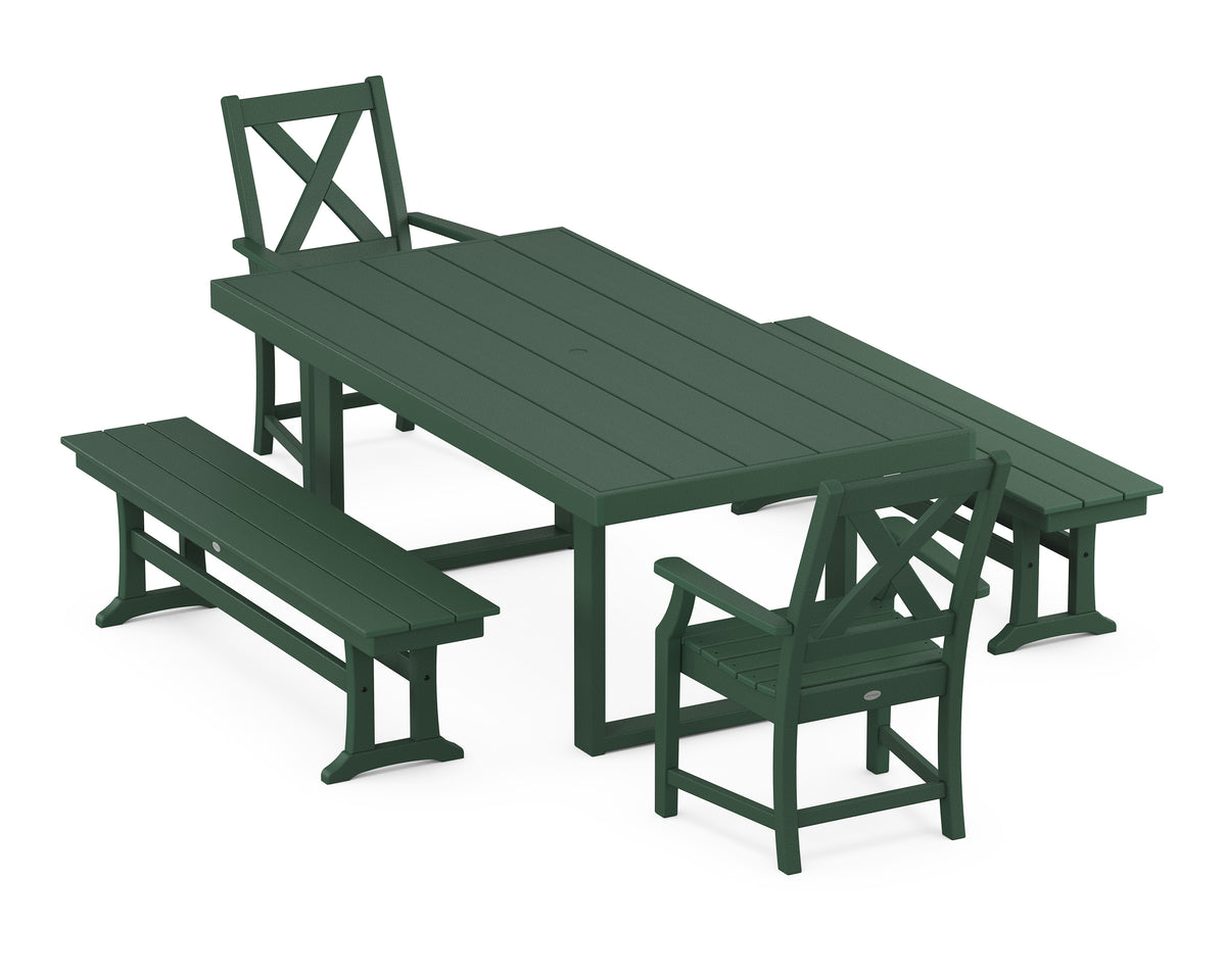 POLYWOOD Braxton 5-Piece Dining Set with Benches - 39" x 78" Table in Green