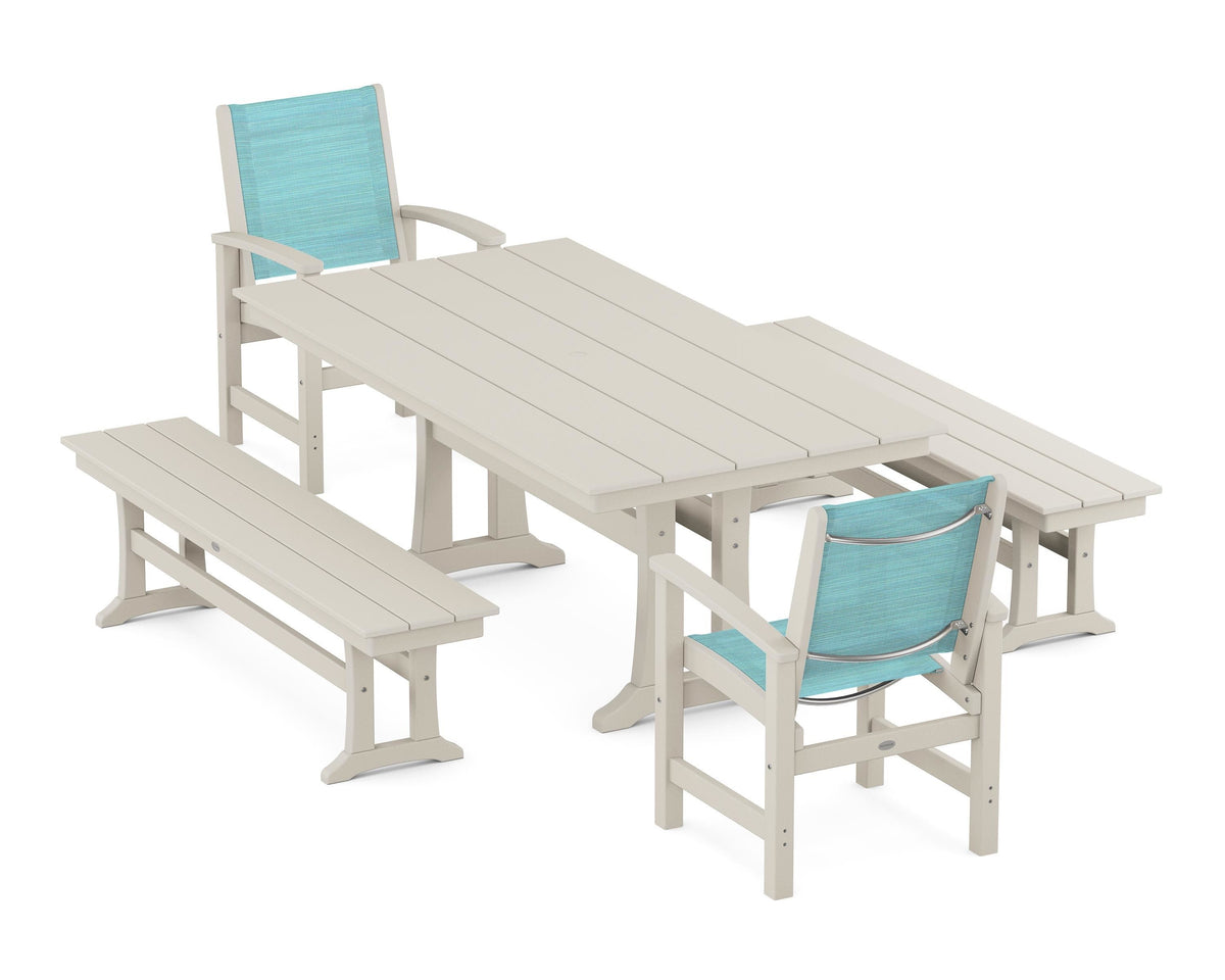 POLYWOOD Coastal 5-Piece Farmhouse Dining Set with Trestle Legs and Benches in Sand / Dupioni Aquamarine