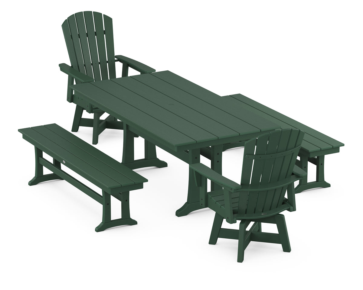 POLYWOOD Nautical Curveback Adirondack Swivel Chair 5-Piece Farmhouse Dining Set with Trestle Legs and Benches in Green