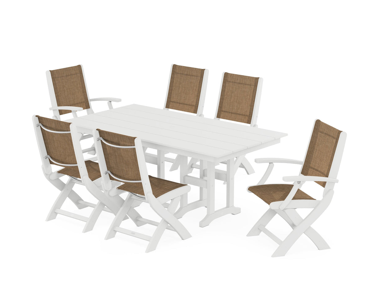 POLYWOOD Coastal Folding Chair 7-Piece Farmhouse Dining Set in White / Burlap