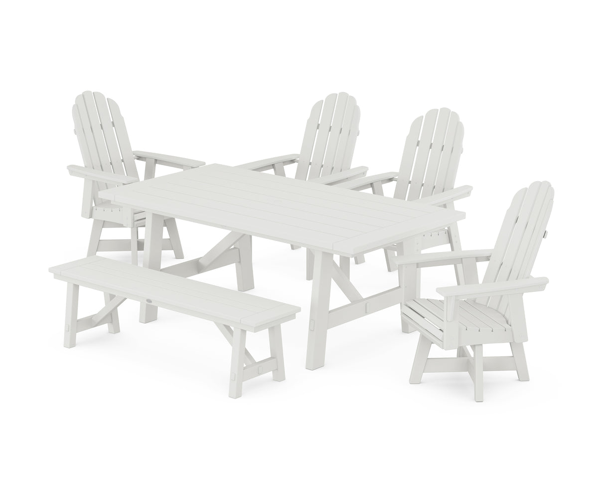 POLYWOOD Vineyard Curveback Adirondack Swivel Chair 6-Piece Rustic Farmhouse Dining Set with Bench in Vintage White