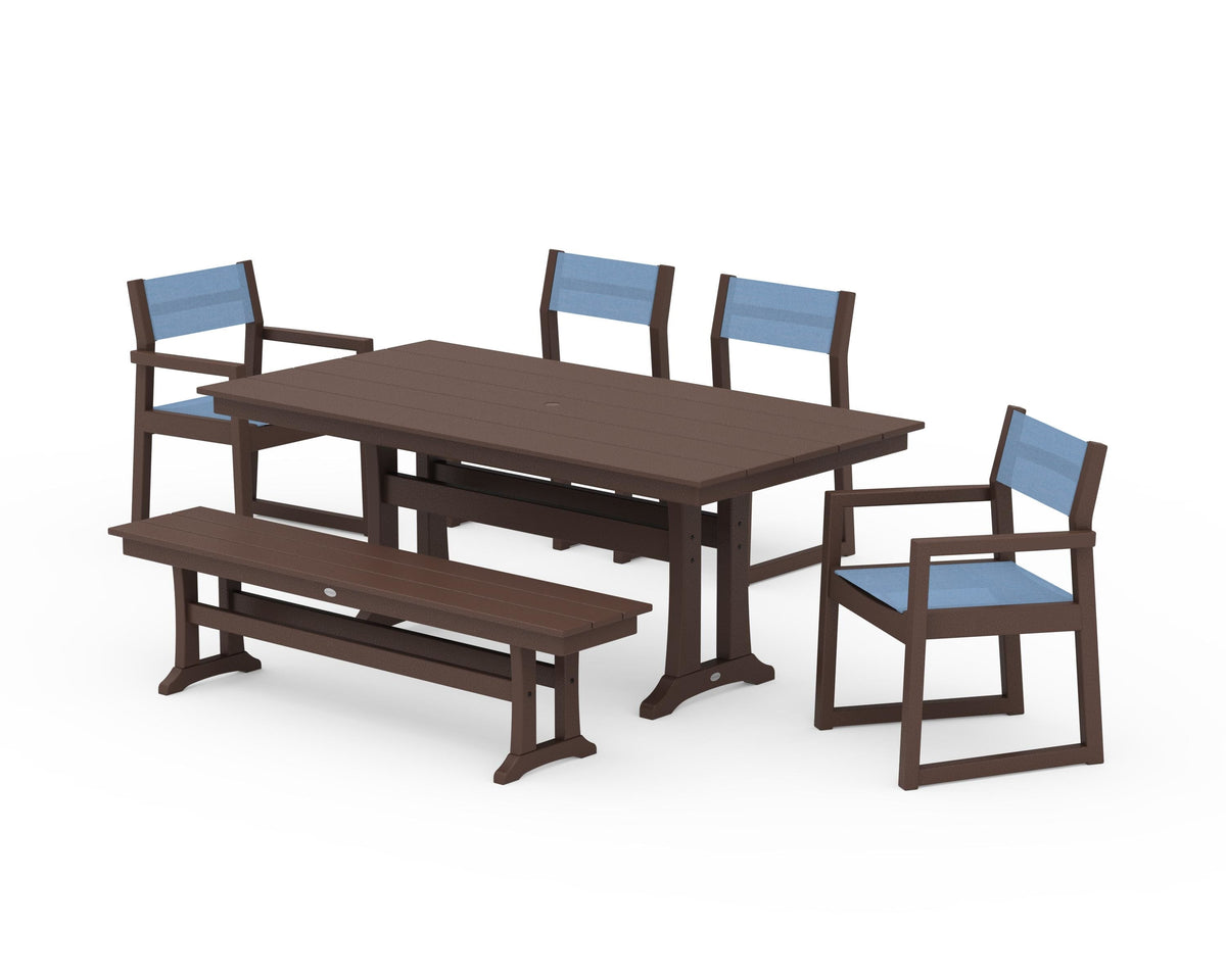 POLYWOOD EDGE Sling 6-Piece Farmhouse Dining Set With Trestle Legs in Mahogany / Poolside