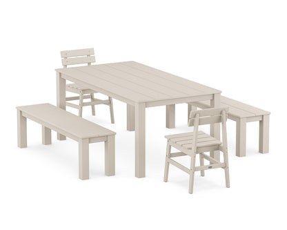 POLYWOOD Modern Studio Plaza Chair 5-Piece Parsons Dining Set with Benches - 38" x 72" Table in Sand