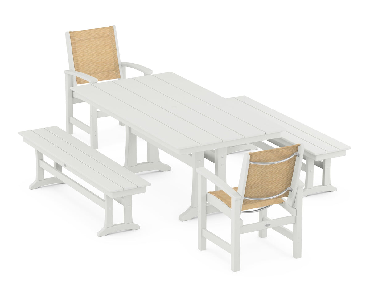 POLYWOOD Coastal 5-Piece Farmhouse Dining Set with Trestle Legs and Benches in Vintage White / Dupioni Apricot