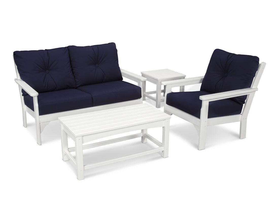 POLYWOOD Vineyard 4 Piece Deep Seating Set in White / Navy