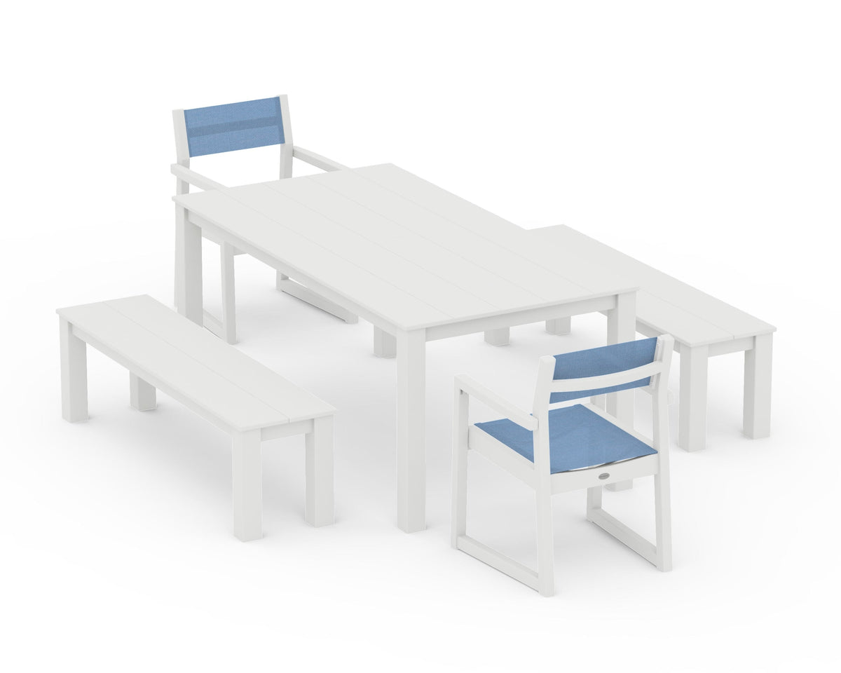 POLYWOOD EDGE Sling Arm Chair 5-Piece Parsons Dining Set with Benches in Vintage White / Poolside