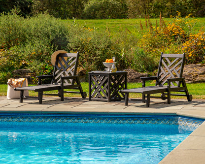 POLYWOOD Chippendale 3-Piece Chaise Set with Umbrella Stand Accent Table in an outdoor setting