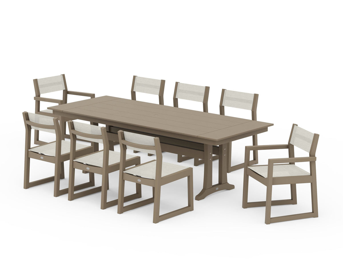 POLYWOOD EDGE Sling 9-Piece Farmhouse Trestle Dining Set in Vintage Sahara / Parchment