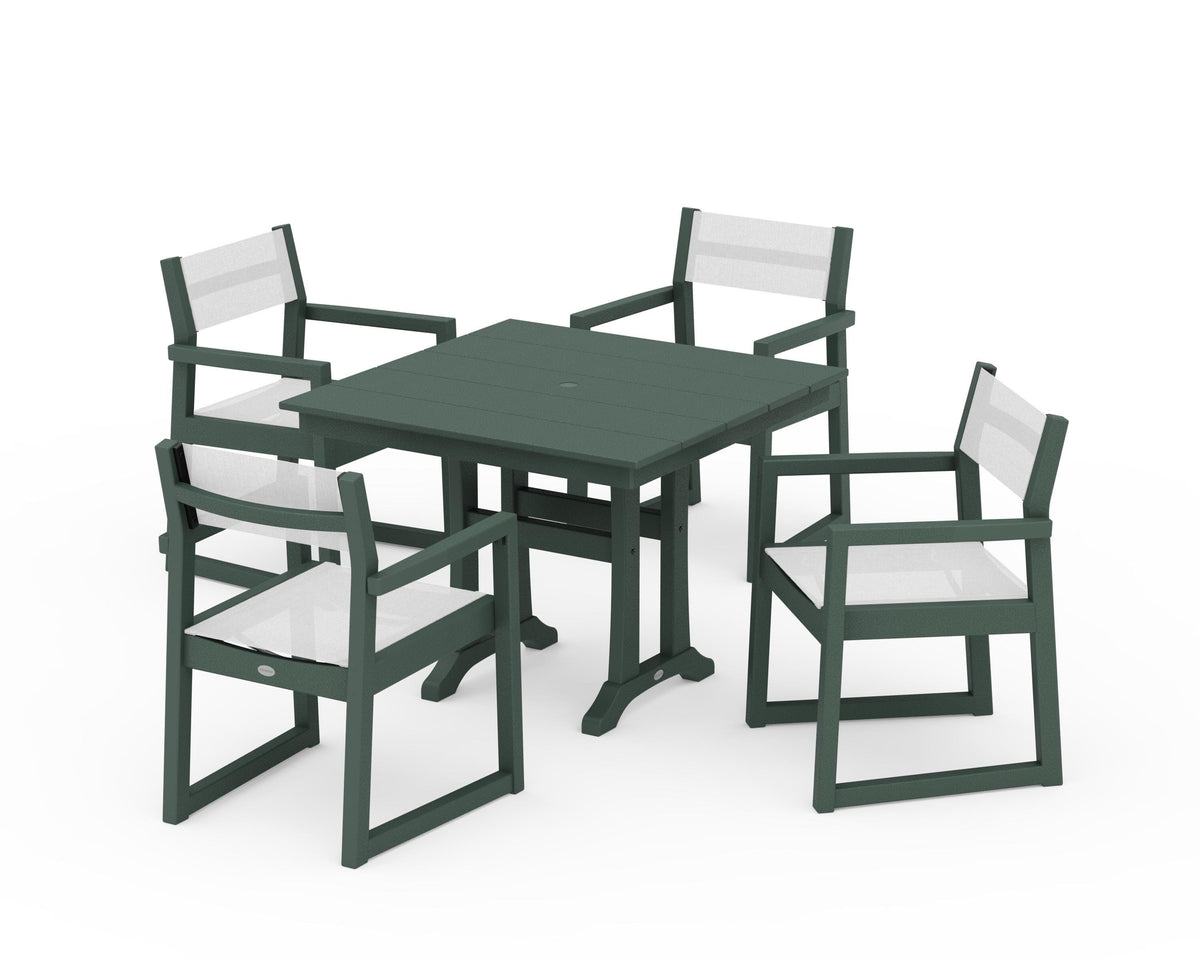 POLYWOOD EDGE Sling 5-Piece Farmhouse Dining Set with Trestle Legs in Green / White