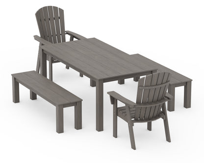 POLYWOOD Nautical Curveback Adirondack 5-Piece Parsons Dining Set with Benches in Driftwood
