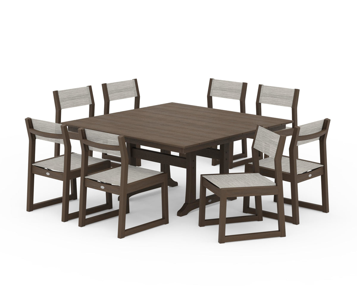 POLYWOOD EDGE Sling Side Chair 9-Piece Farmhouse Trestle Dining Set in Kona / Birch