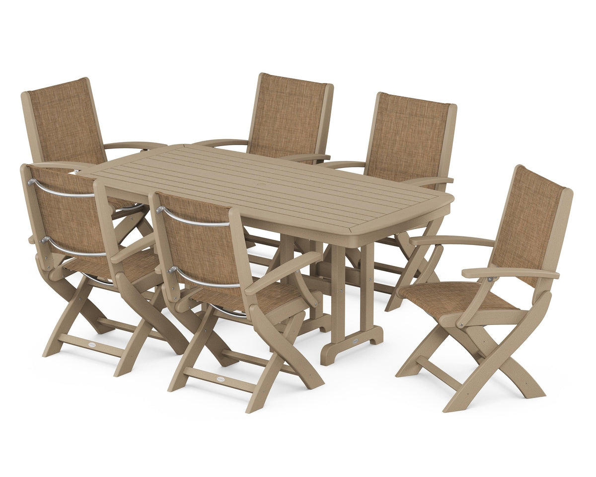 POLYWOOD Coastal Folding Arm Chair 7-Piece Dining Set in Vintage Sahara / Burlap