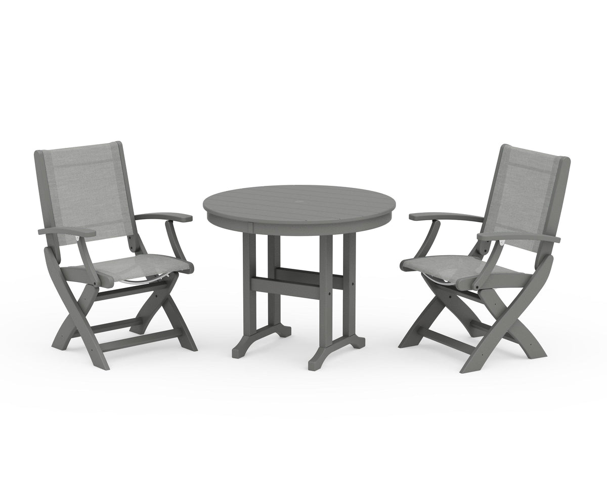 POLYWOOD Coastal Folding Chair 3-Piece Round Dining Set in Slate Grey / Metallic