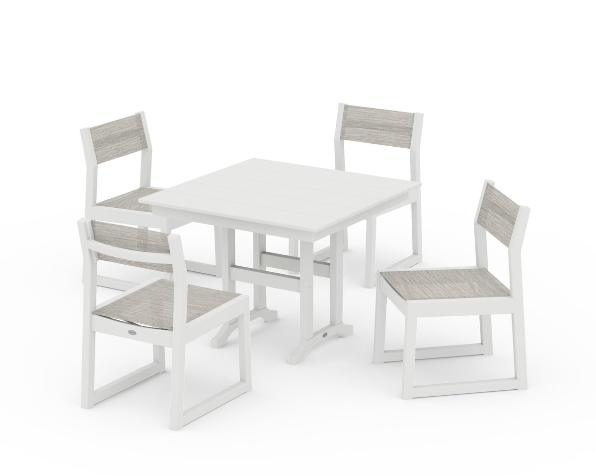 POLYWOOD EDGE Sling Side Chair 5-Piece Farmhouse Dining Set in Vintage White / Birch