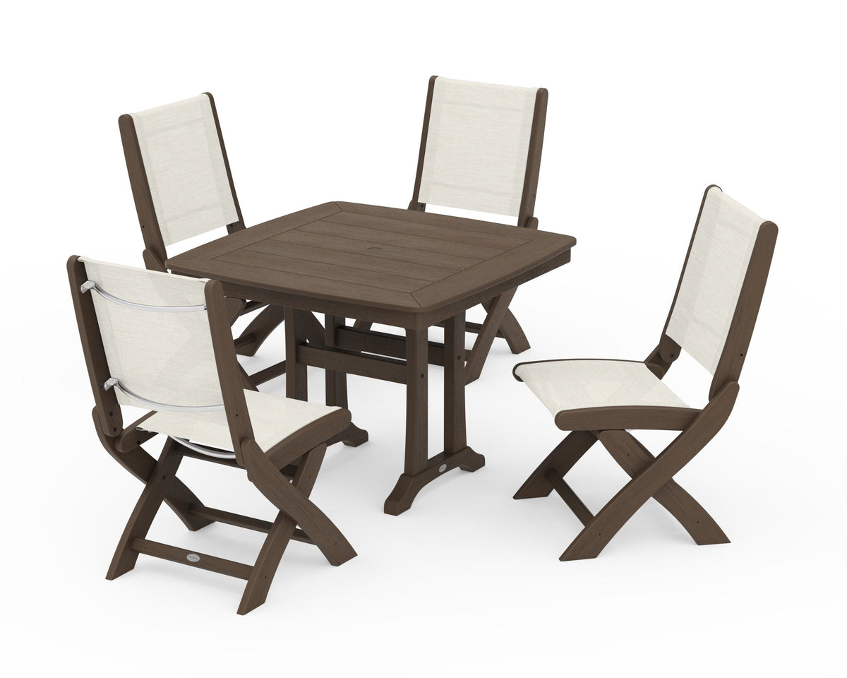 POLYWOOD Coastal Folding Side Chair 5-Piece Dining Set with Trestle Legs in Kona / Parchment