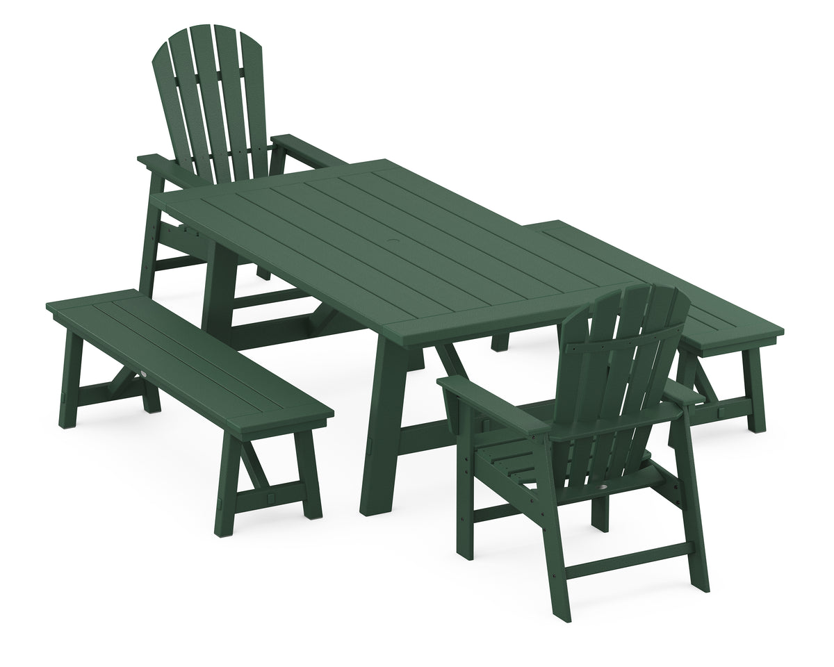 POLYWOOD South Beach 5-Piece Rustic Farmhouse Dining Set with Benches in Green