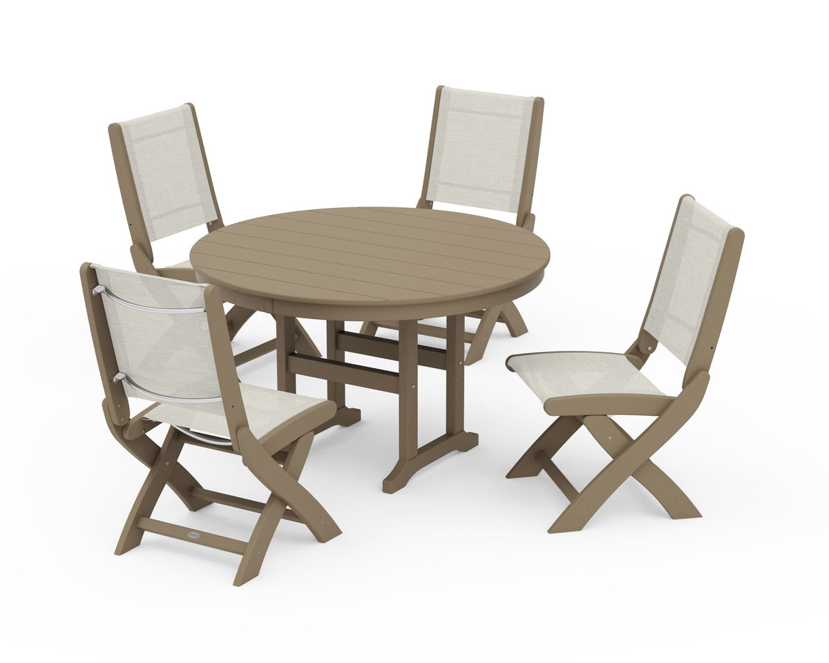 POLYWOOD Coastal Folding Side Chair 5-Piece Round Dining Set in Vintage Sahara / Parchment