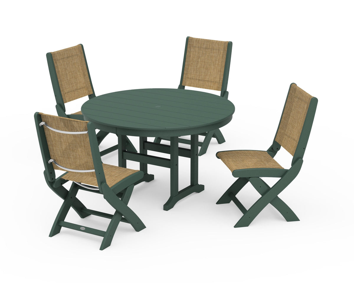 POLYWOOD Coastal Folding Side Chair 5-Piece Round Dining Set in Green / Burlap