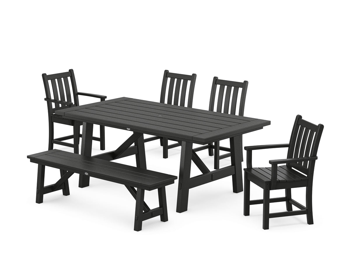 POLYWOOD Traditional Garden 6-Piece Rustic Farmhouse Dining Set with Bench in Black