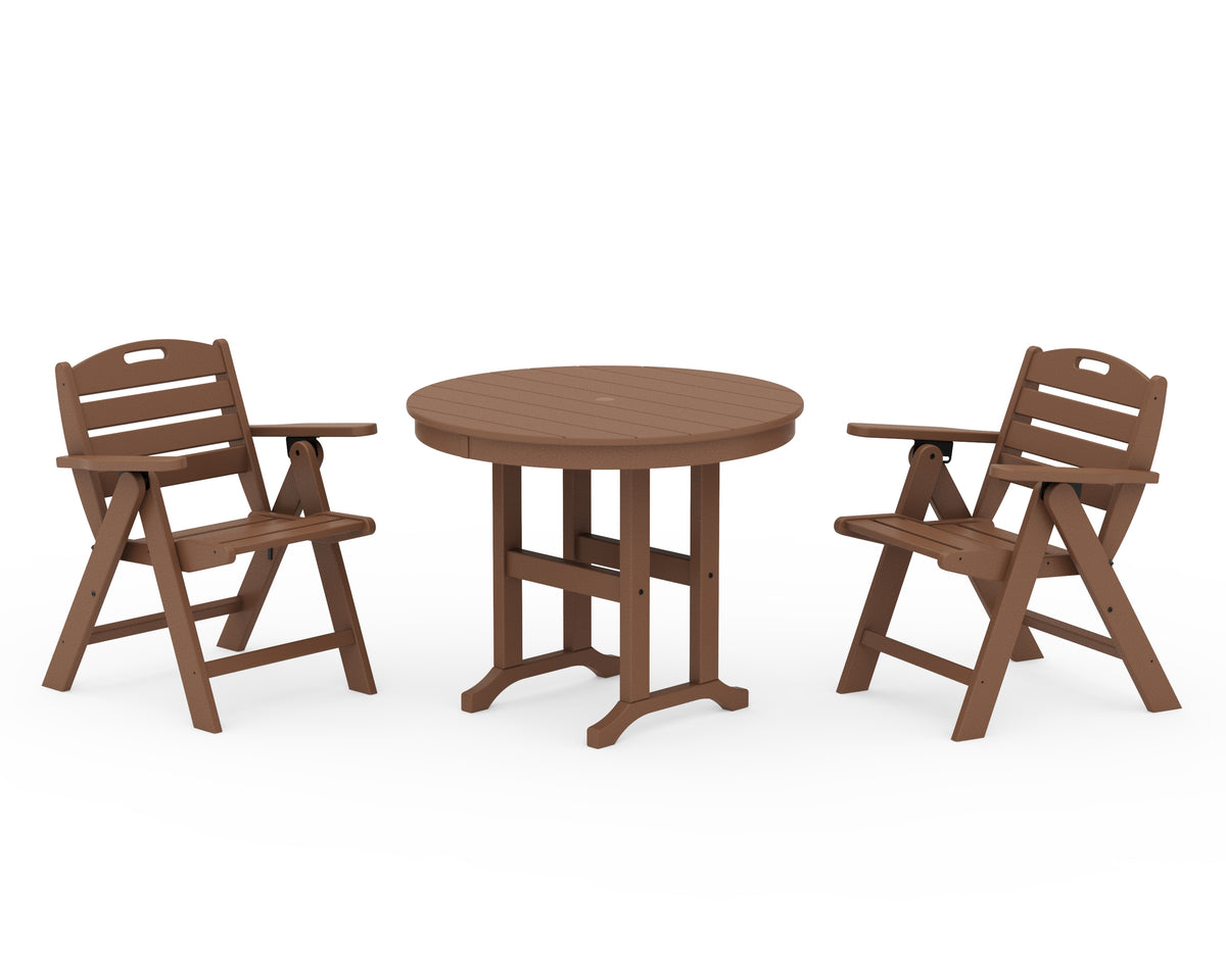 POLYWOOD Nautical Folding Lowback Chair 3-Piece Round Dining Set in Teak