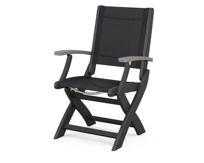 POLYWOOD Coastal Folding Chair in Black with Driftwood arms and Black sling