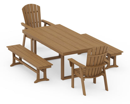 POLYWOOD Nautical Curveback Adirondack 5-Piece Dining Set with Benches - 39" x 78" Table in Natural