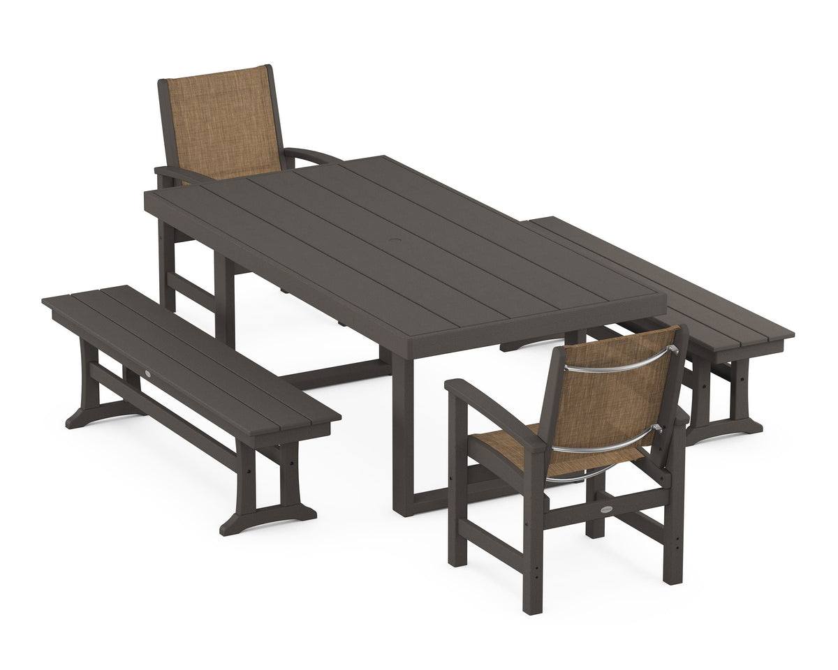 POLYWOOD Coastal 5-Piece Dining Set with Trestle Legs with EDGE 40" x 78" Dining Table in Vintage Coffee / Burlap