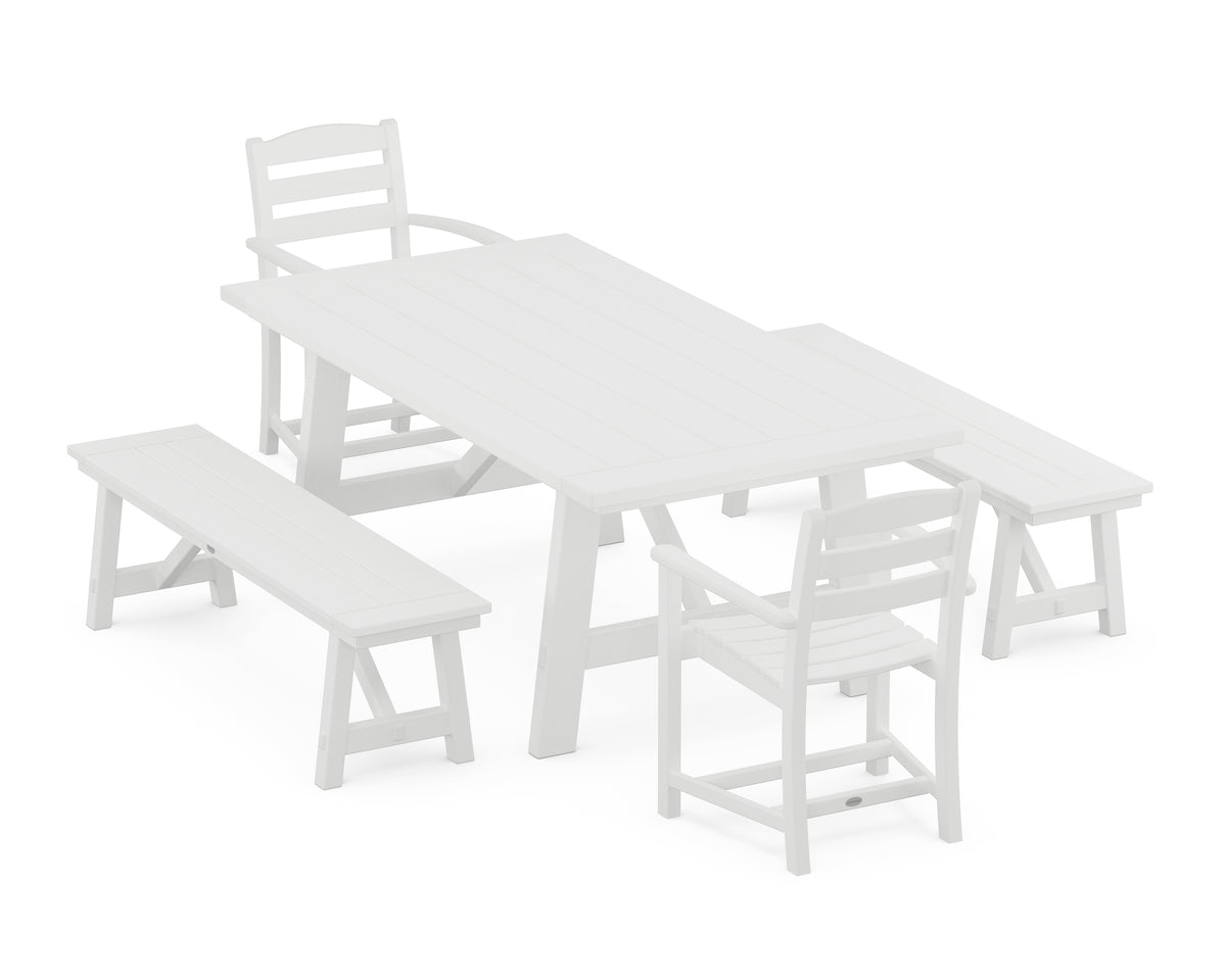 POLYWOOD La Casa Café 5-Piece Rustic Farmhouse Dining Set with Benches in White